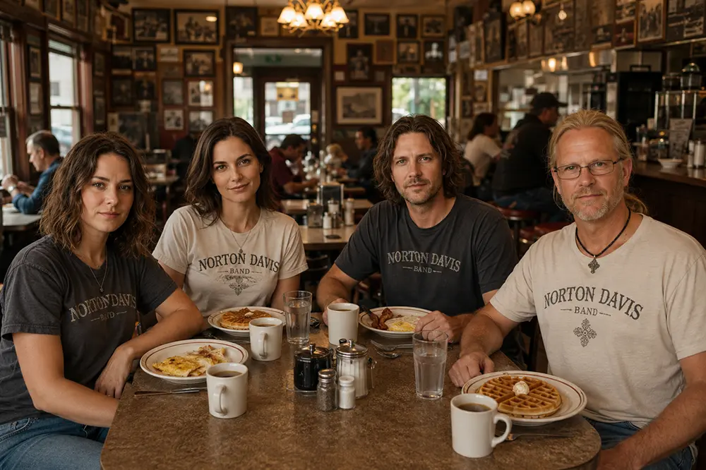 Four Norton Davis Band characters sharing breakfast in a diner