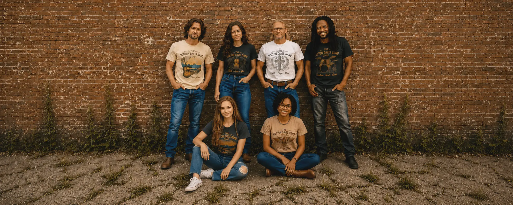 The Norton Davis Band — six members standing together in front of a brick wall